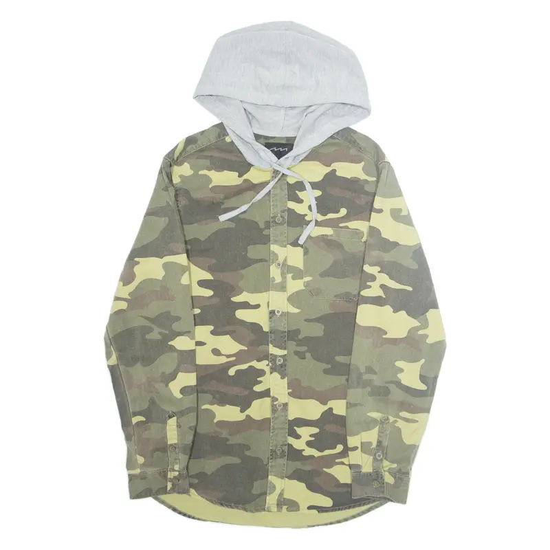 FACTORISE Hooded Mens Shirt Green Camouflage Long Sleeve M