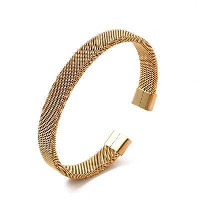 304 Stainless Steel Flat Mesh Chains Shape Open Cuff Bangle for Women
