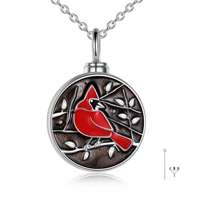 Sterling Silver Cardinal Urn Necklace for Ashes with Engraved Word
