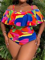【Plus Size】all Over Print Cold Shoulder One-piece Swimsuit, Casual Swimwear for Beach Holiday Vacation, Women's Swimsuit ...