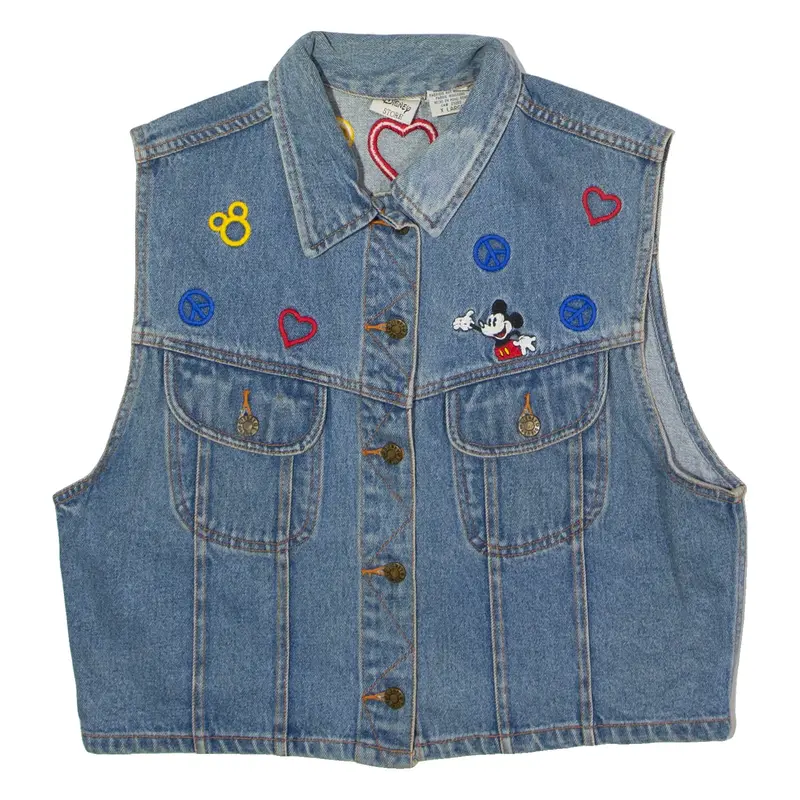 DISNEY Peace Love And Mickey Mouse Womens Denim Waistcoat Blue 90s USA XL