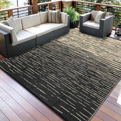 Garvee Waterproof Outdoor Patio Rug 8x10ft – Reversible Neutral Striped Plastic Straw Carpet – UV Resistant, Portable for...