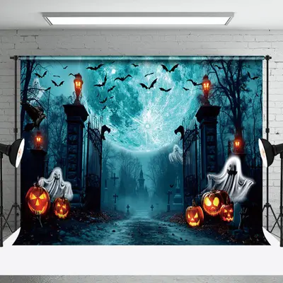 Ghost Manor Horror Solemn Scary Cemetery Halloween Backdrop