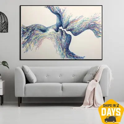 Romantic Abstract Kissing Couple Original Oil Painting Gift Modern Sexy Artwork for Home Decor | REUNION 36"x54"