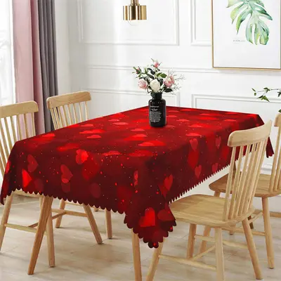 Bright Red Color Repeat Heart Rectangle Tablecloth - Aperturee