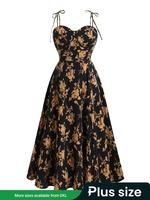 【Plus Size】 Floral Print Shirred Backless Tie Shoulder Cami Dress, Boho Sleeveless Spaghetti Strap A-line Dress for Beach...
