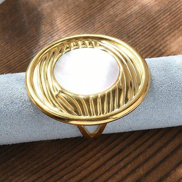 Flat Round 304 Stainless Steel White Shell Finger Rings for Women