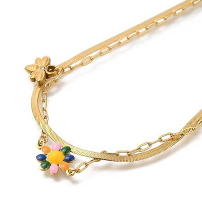 Ion Plating(IP) 304 Stainless Steel Enamel Double Layer Flower & Bees Pendant Necklaces for Women
