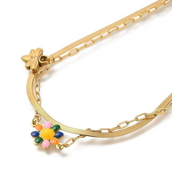 Ion Plating(IP) 304 Stainless Steel Enamel Double Layer Flower & Bees Pendant Necklaces for Women