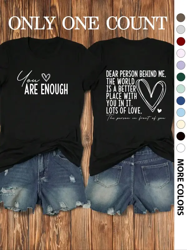 Women's Slogan Graphic Round Neck Tee, Fashion Casual Heart Print Crew Neck T-Shirt for Daily Holiday Vacation Outdoor Wear, ...