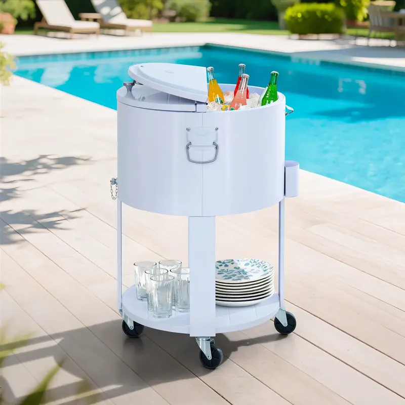 SUNJOY 60 Quart Patio Rooling Cooler Cart with Bottle Opener, Shelf and Lockable Wheels - White