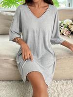 Women's Solid Color V Neck Nightdress, Casual Soft Comfortable Vneck Nightgown for All Seasons, Ladies Sleepwear for Indoor W...
