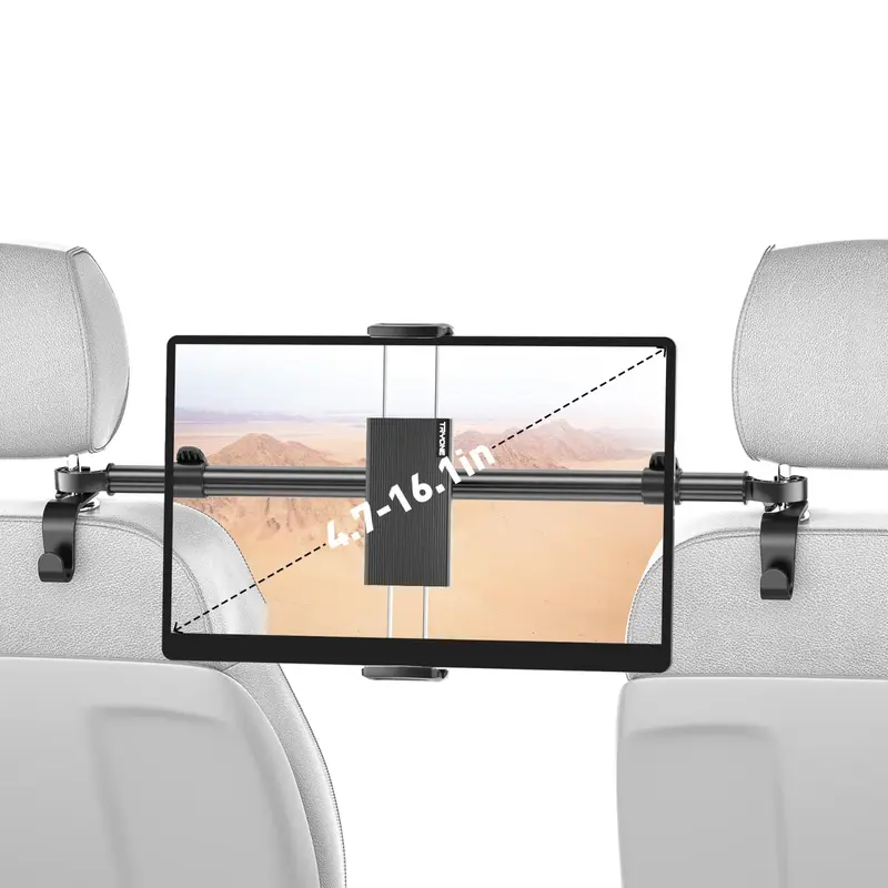 Tryone Car Headrest Tablet Holder, Adjustable, Ultra-Sturdy Rear Seat Child iPad Holder. The clamp's maximum width is 10.8 in...