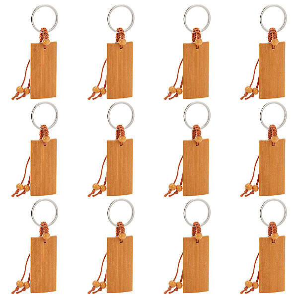 12Pcs Bamboo Laser Engraving Rectangle Keychains
