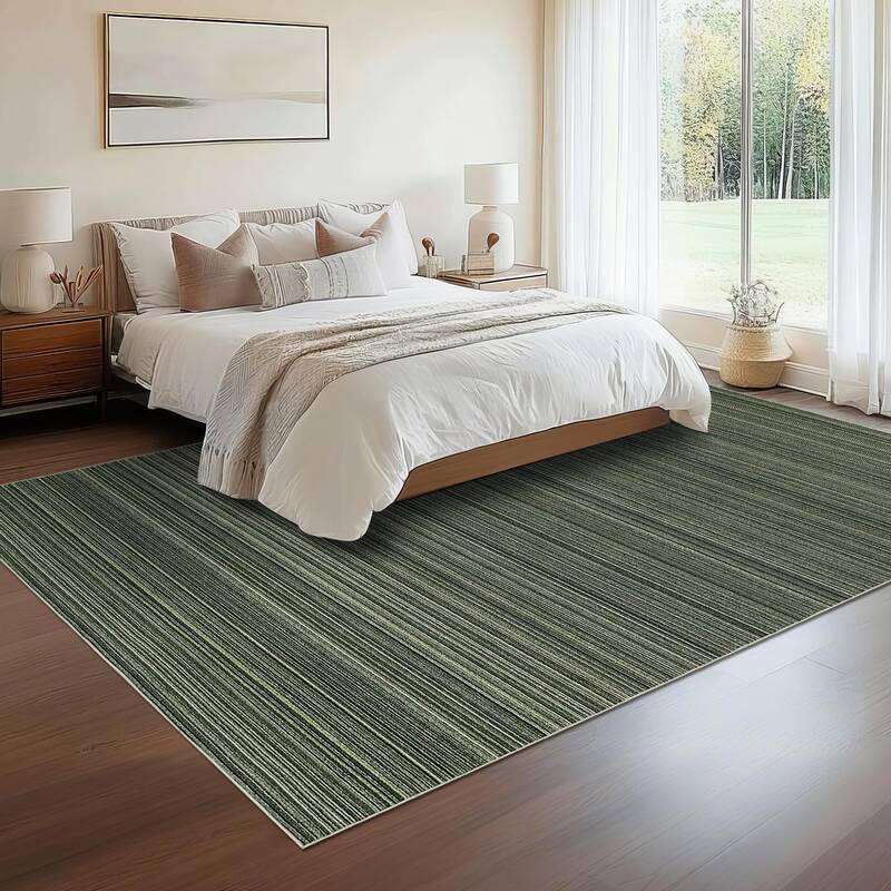 Garvee Modern Striped Rug 8x10 Area Rug Soft Low Pile Stain Resistant Durable Polyester TPR Non-Slip Backing Neutral Green Li...