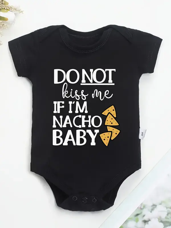 100% Cotton Youngsters Onesie with Fun If I'm Nacho Youngsters Letter Print – Soft, Black with Yellow & White Graphic D...