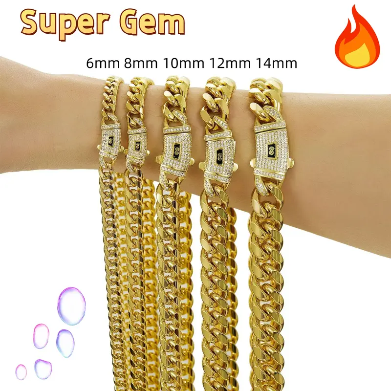 Golden Cuban Chain Necklace for Men, New Curved Ears, Zircon Buckle, 16/18/20/22/24/30 Inch Chain, Black Gift Box