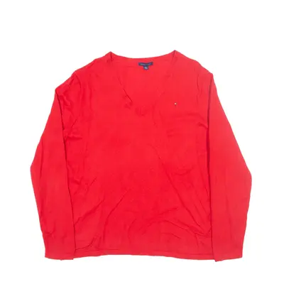 TOMMY HILFIGER Jumper Red Tight Knit V-Neck Womens XL