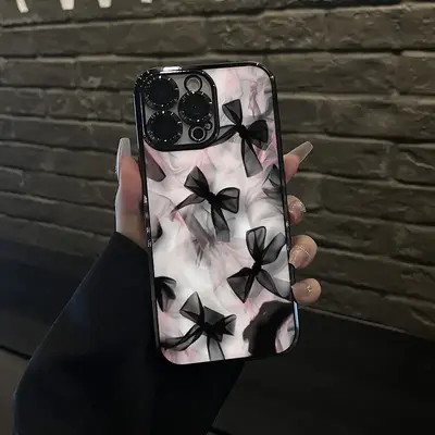 coquette black bow Pattern Phone Case Camera Lens Protective TPU for iPhone 16 15 Pro Max 14 13 12 11 XR XS Plus Fashion Shoc...
