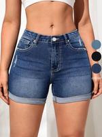 Women's Ripped Pocket Denim Shorts, Casual Stretchy Denim Shorts for Daily Wear, Ladies Bottoms for Summer, Womenswear, Casua...