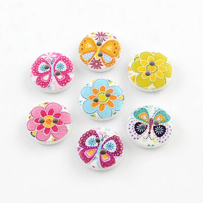 2-Hole Flower Pattern Printed Wooden Buttons