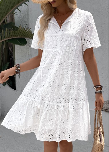 Modlily White A Line Short Sleeve Split Neck Dress - XL