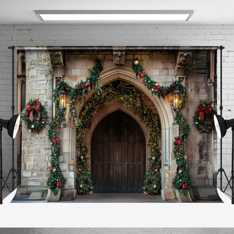 Retro Brick Wall Wooden Door Leaf Christmas Backdrop