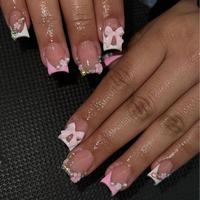 Cute Bow & Flower Decor Fake Nails, 24pcs/set Short Square Press on Nails for Women & Girls DIY Nail Art, Elegant Stick on Na...