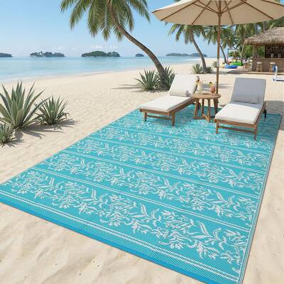 Garvee Outdoor Rug 9x18 Waterproof Reversible Boho Leaf Pattern Soft Plastic Straw Lightweight Portable for Patio RV Camping ...