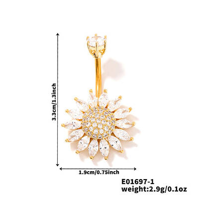 Chic Flower Brass Full Crystal Rhinestone Curved Barbell Belly Button Rings with Shiny Delicate Design