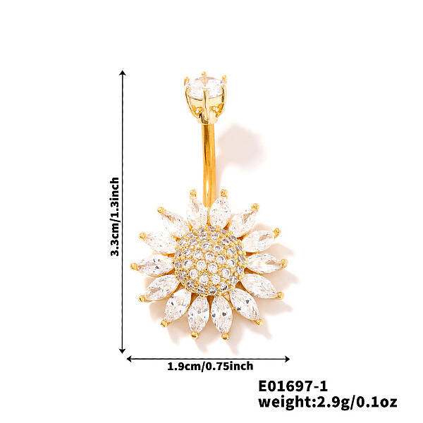 Chic Flower Brass Full Crystal Rhinestone Curved Barbell Belly Button Rings with Shiny Delicate Design