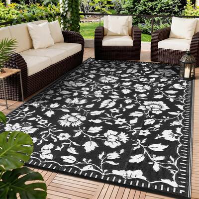 Garvee Waterproof Reversible Outdoor Rug 6x9ft - Modern Black & White Floral Plastic Straw Mat - Collapsible, Lightweight, Po...