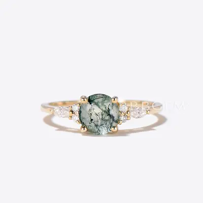 1.2ct Round Natural Moss Agate Engagament Ring Solid 14K Gold Diamond Ring