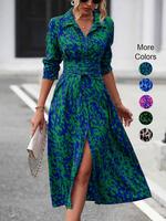 Women's All Over Print Button Front Split Thigh Shirt Dress, Casual Boho Fashion Tie Front Long Sleeve Midi Dress for Daily...