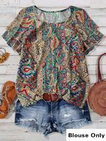 【Plus Size】 Paisley Print Blouse, Boho Casual Short Sleeve Top for Daily Holiday Vacation Wear, Women Plus Clothing for S...