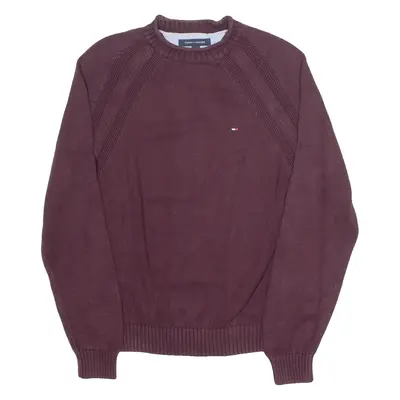 TOMMY HILFIGER Mens Jumper Maroon Crew Neck Tight Knit S