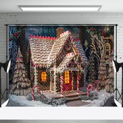 Candy Cane Gingerbread House Christmas Backdrop - Aperturee