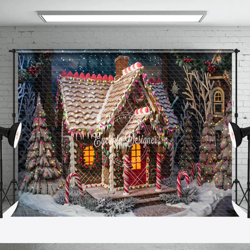 Candy Cane Gingerbread House Christmas Backdrop - Aperturee