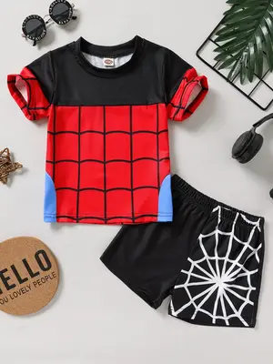 Kid Boy's spider mesh stitching short sleeve top and spider print shorts