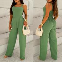ChicMe Women's Square Neck Spaghetti Strap Back Shirred Cinch Waist Wide Leg Jumpsuit Elegant Overalls