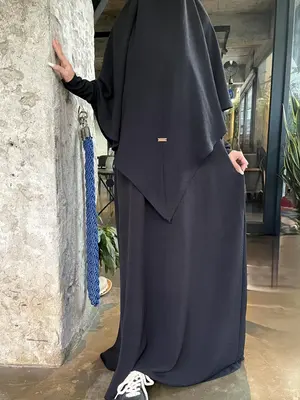 Women's Solid Color Batwing Sleeve Abaya & Khimar Set, Modest Casual Long Sleeve Maxi Dress & Hijab Set, Ladies Islamic Cloth...