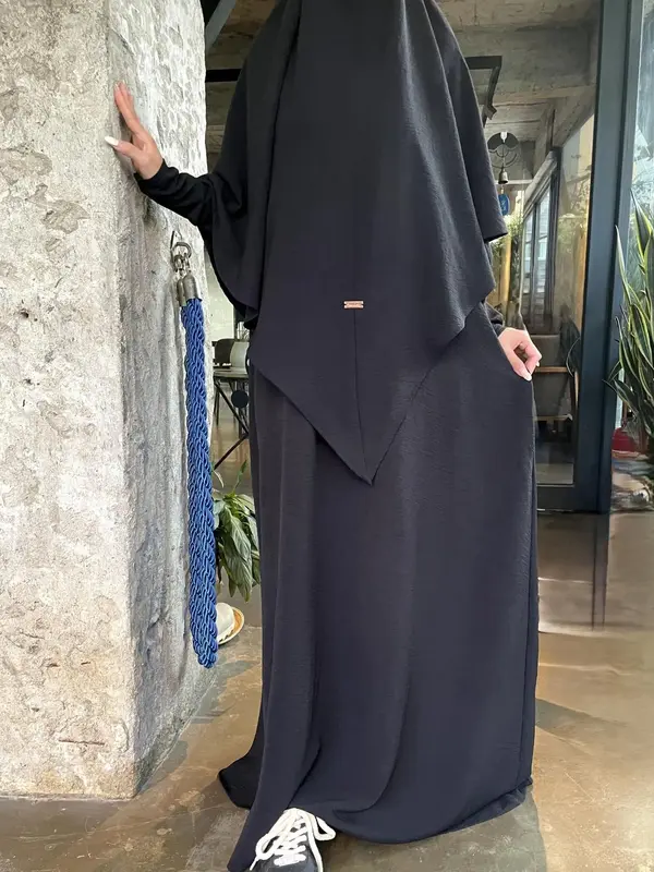Women's Solid Color Batwing Sleeve Abaya & Khimar Set, Modest Casual Long Sleeve Maxi Dress & Hijab Set, Ladies Islamic Cloth...