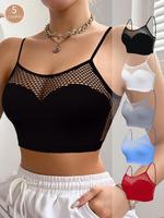 Women's Solid Contrast Mesh Wireless Bra, Smooth Adjustable Strap Bralette, Soft Comfortable Breathable Lingerie for All Se...