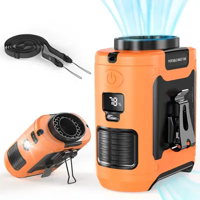 10000mAh Portable Waist Fan, 5 Speeds Rechargeable Personal Clip-on Fan With Flashlight, Hands-Free Outdoor Wearable Belt Nec...