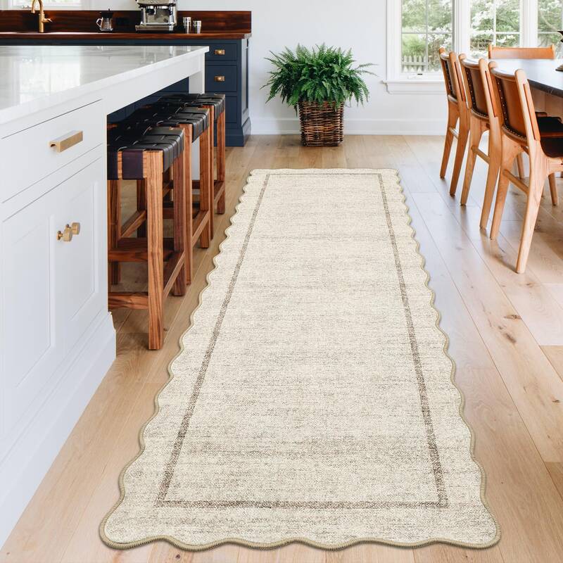 Garvee Long Runner Rug 2x10 Scalloped Runner Neutral Accent Rug with Non Slip TPR Backing, Low Pile Thin Kitchen Mats, Soft N...