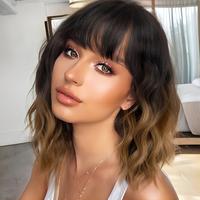 CHAOEE Ombre Brown Short Wavy Bob Wigs with Bangs for Women Ombre Brown Wavy Wig Natural Looking Resistant Fiber Synthetic Ha...
