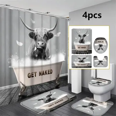 Bathtub Bull Pattern Shower Curtain/ Shower Curtain & Bathmat & Toilet Rug & Toilet Lid Cover Set, Summer Essentials, Bathroo...