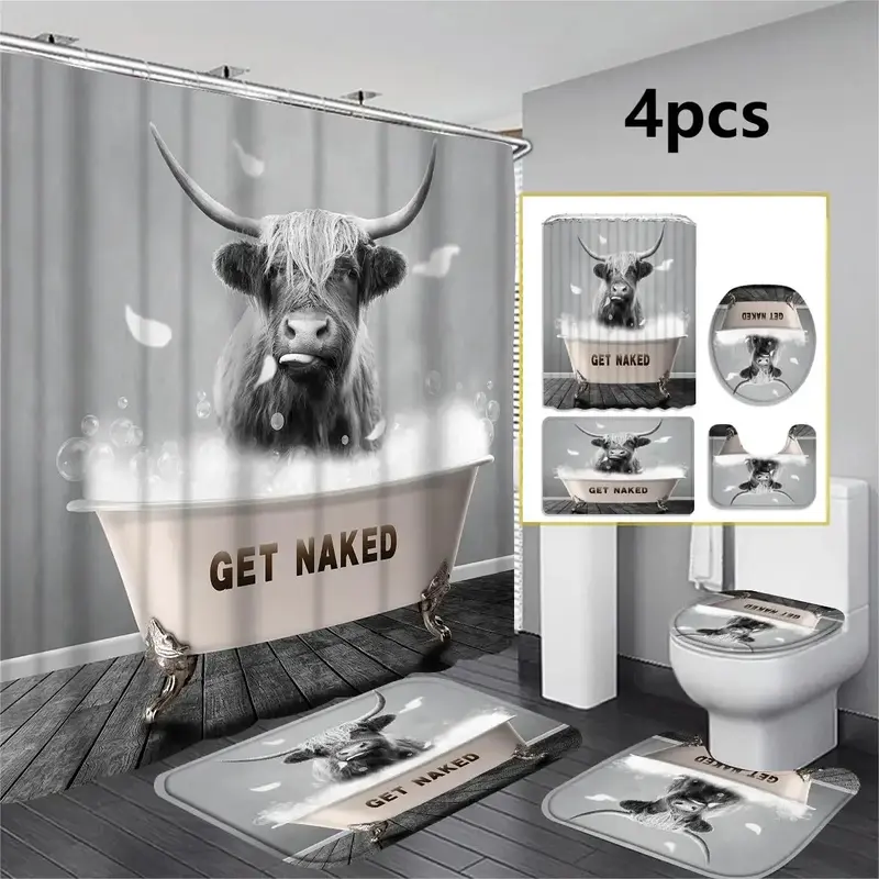Bathtub Bull Pattern Shower Curtain/ Shower Curtain & Bathmat & Toilet Rug & Toilet Lid Cover Set, Summer Essentials, Bathroo...
