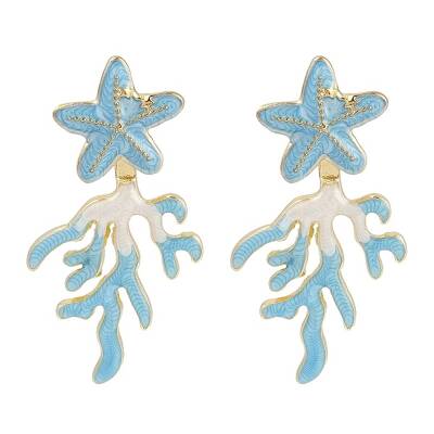 Coral with Starfish Enamel Stud Earrings