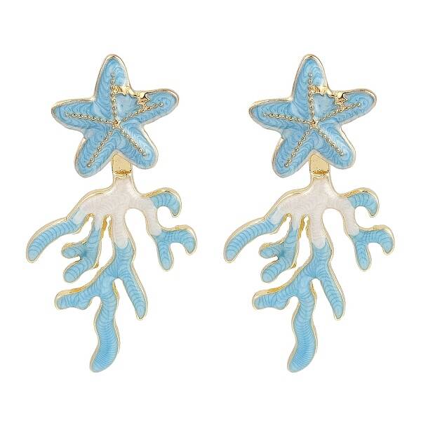 Coral with Starfish Enamel Stud Earrings
